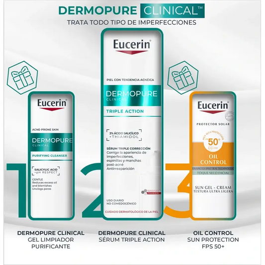 Eucerin Impacco Pelle Grassa Siero Dermopure, 40 Ml + Mini Gel Detergente 20 Ml + Mini Protezione Solare 20 Ml