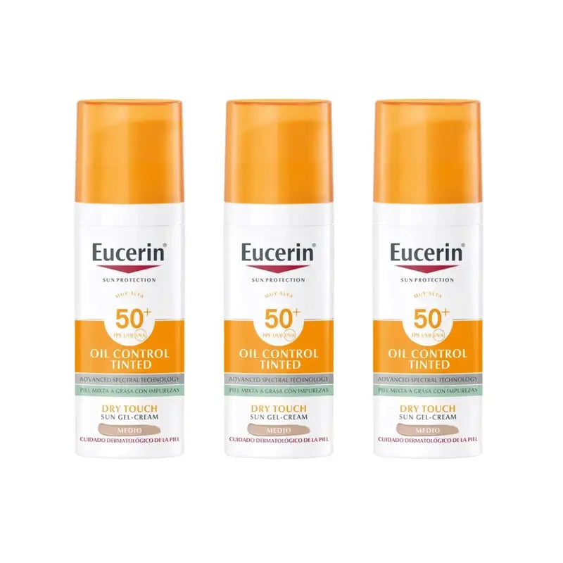 Eucerin Trattamento solare viso Oil Control Dry Touch Spf50+ Colore, 3 Unità