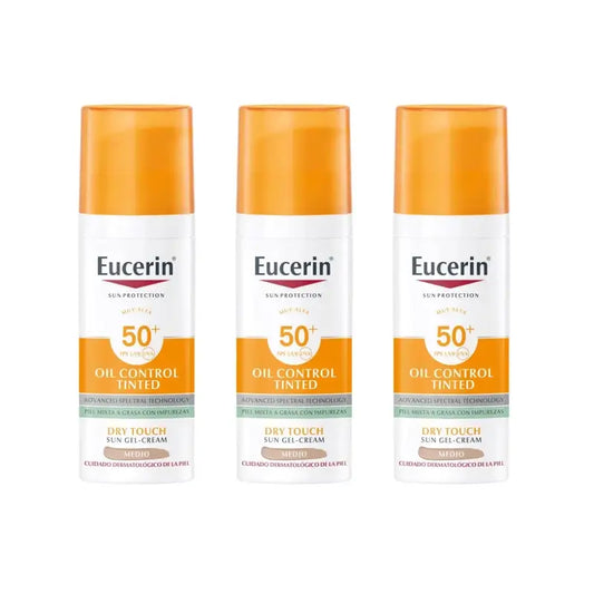Eucerin Trattamento solare viso Oil Control Dry Touch Spf50+ Colore, 3 Unità