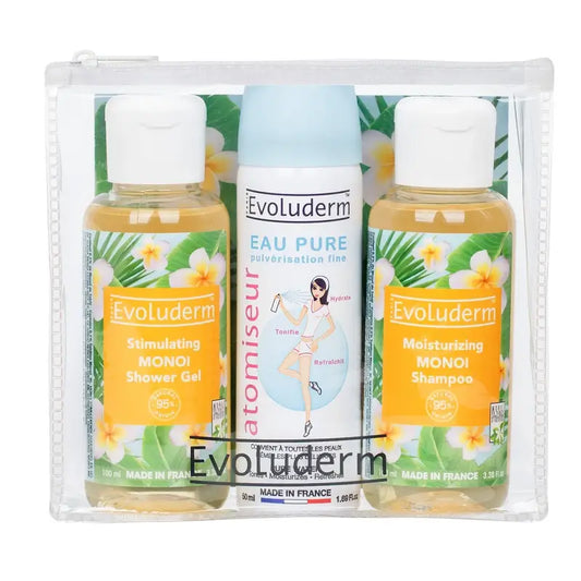 Evoluderm Set da viaggio X3 - Gel doccia-Acqua pura-Shampoo, 100/50/100 ml