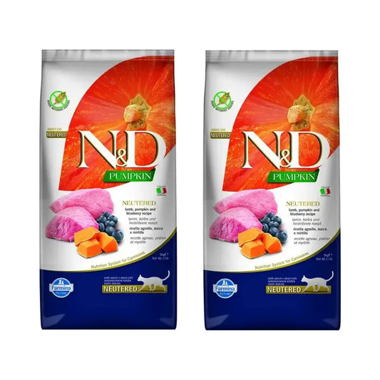 Farmina N&D Cat Pumpkin Neutered Agnello Agnello Mirtillo 5Kg, cibo per gatti, Confezione Da 2