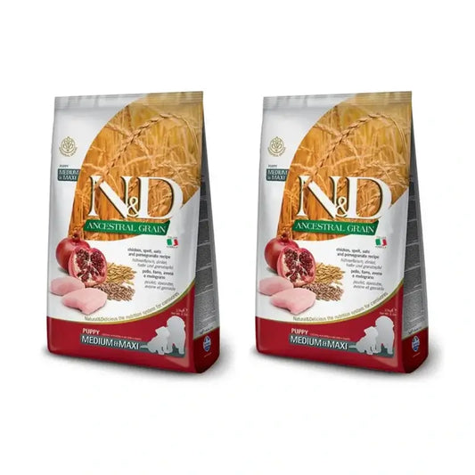 Farmina N&D Dog Puppy Ancestral Medium Maxi Chicken 12Kg, Alimento per cani cuccioli, Confezione da 2