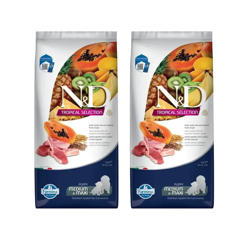 Farmina N&D Dog Puppy Tropical Selection Med Maxi Lamb 10K, Confezione da 2