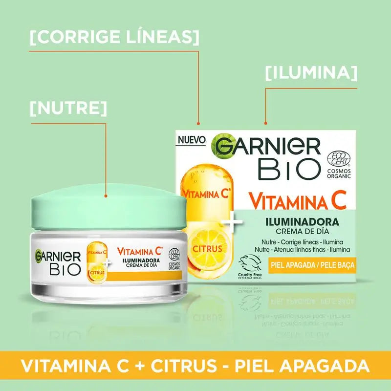 Garnier Crema Giorno Illuminante con Vitamina C, nutre, corregge le linee e aumenta la luminosità giorno dopo giorno.