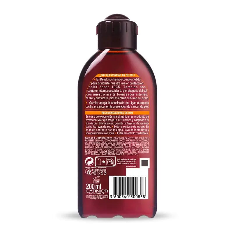 Garnier Delial Olio Abbronzante Intenso con Olio di Cocco Nutriente - 200 Ml