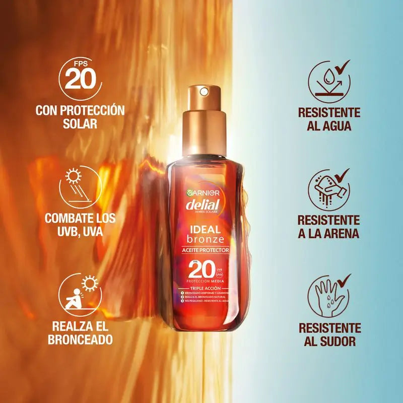 Garnier Delial Olio Abbronzante Protettivo Spf 20. Abbronzatura ottimale, effetto satinato, resistente all'acqua, non appiccicoso 150ml