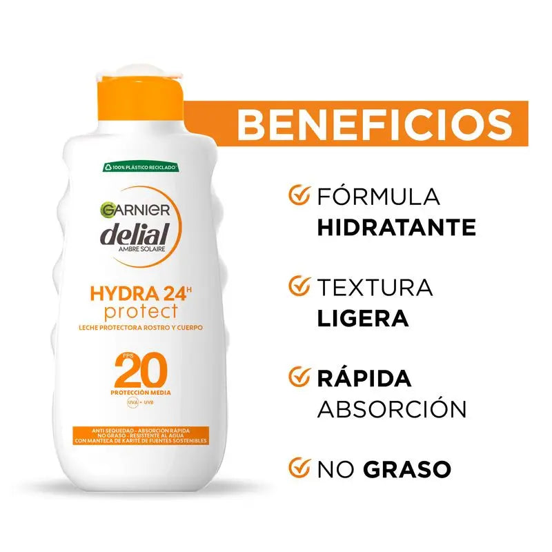 Garnier Delial Hydra 24H Latte Protettivo Viso e Corpo Spf 20, Pelle Morbida e Idratata 200Ml