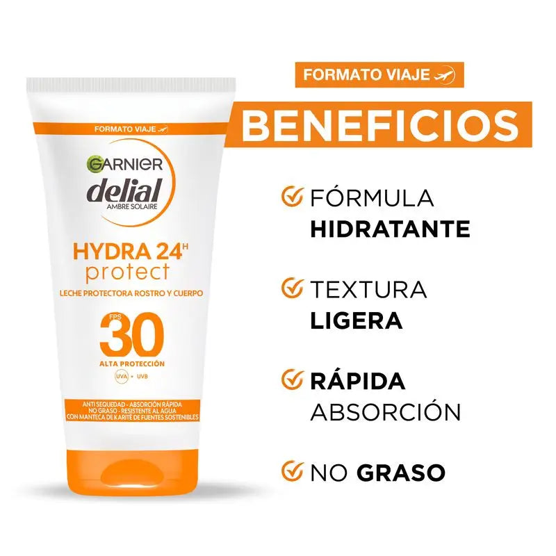 Garnier Delial Latte Protettivo Spf 30 Hydra 24 Protect, Formula resistente all'acqua e idratante con burro di karité