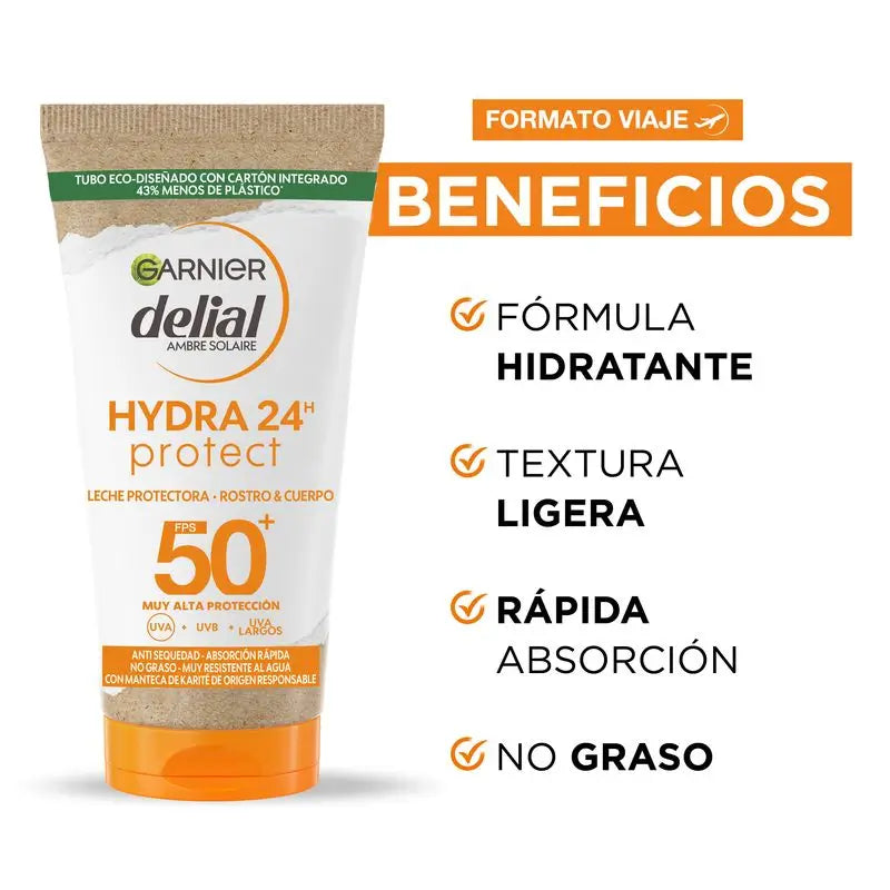 Garnier Delial Latte Protettivo Spf 50+ Hydra 24 Protect, formula idratante e resistente all'acqua con burro di karité