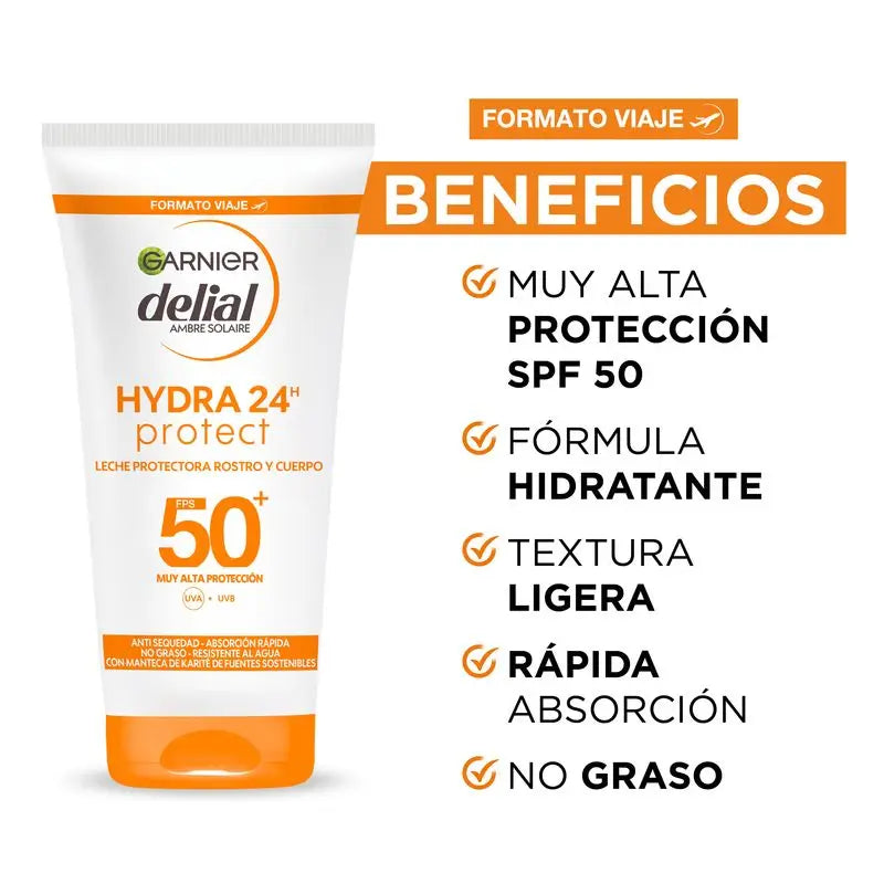 Garnier Delial Latte Protettivo Spf 50+ Hydra 24 Protect, formula idratante e resistente all'acqua con burro di karité