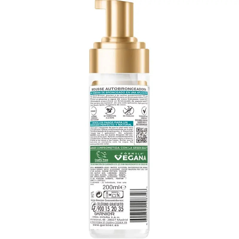 Garnier Delial Mousse Autoabbronzante con Acqua di Cocco Idratante 200 Ml