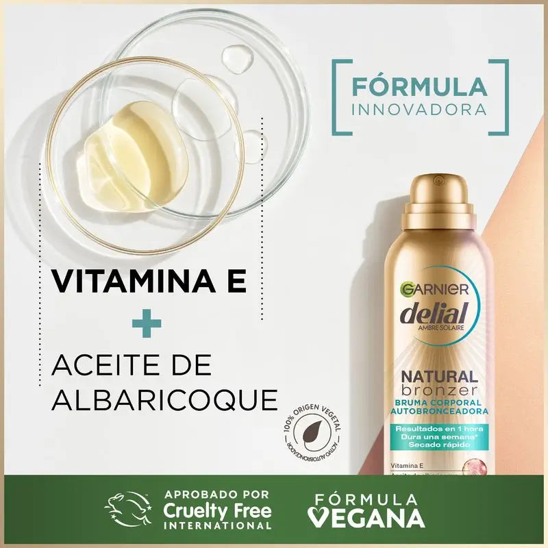 Garnier Delial Natural Bronzer Autoabbronzante per il corpo con olio di nocciolo di albicocca per un'abbronzatura naturale, 150 ml