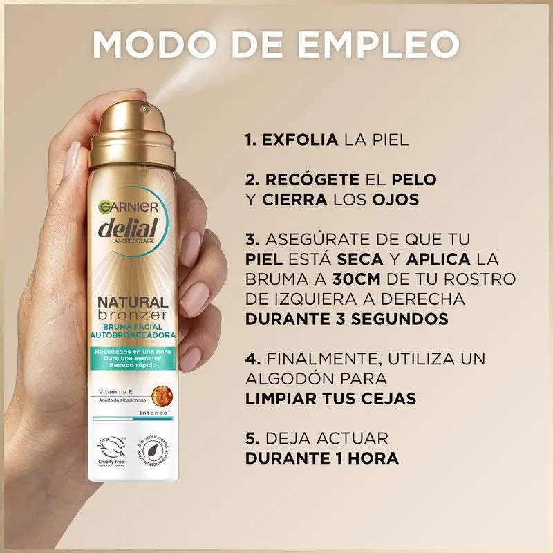 Garnier Delial Natural Bronzer Autoabbronzante Viso con olio di nocciolo di albicocca per un'abbronzatura naturale e uniforme, 75ml