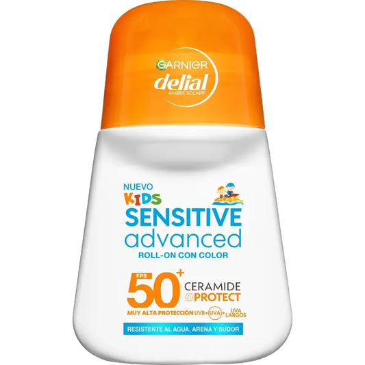 Garnier Delial Delial Sensitive Advanced Kids Roll-On Con Colore Fps 50+, 50 ml