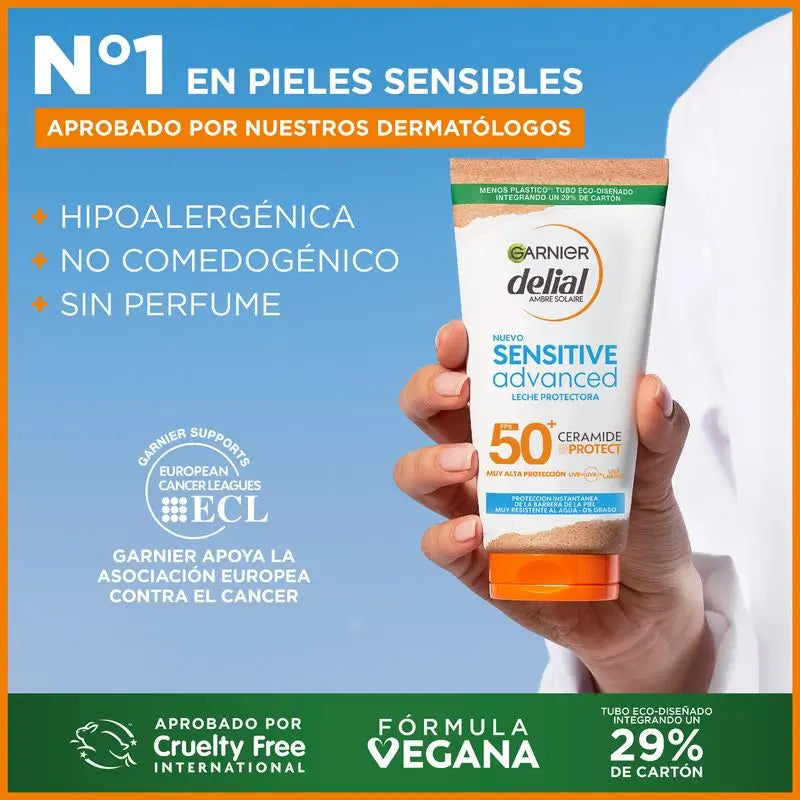 Garnier Delial Sensitive Latte Solare Avanzato per pelli chiare, sensibili e intolleranti al sole Ip50+ - 175 Ml.