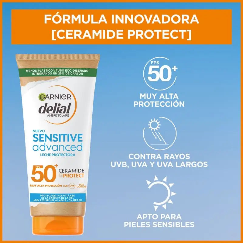 Garnier Delial Sensitive Latte Solare Avanzato per pelli chiare, sensibili e intolleranti al sole Ip50+ - 175 Ml.