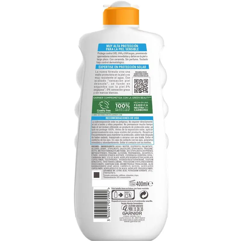 Garnier Delial Sensitive Latte solare avanzato per pelli chiare, sensibili e intolleranti al sole Ip50+, 400ml