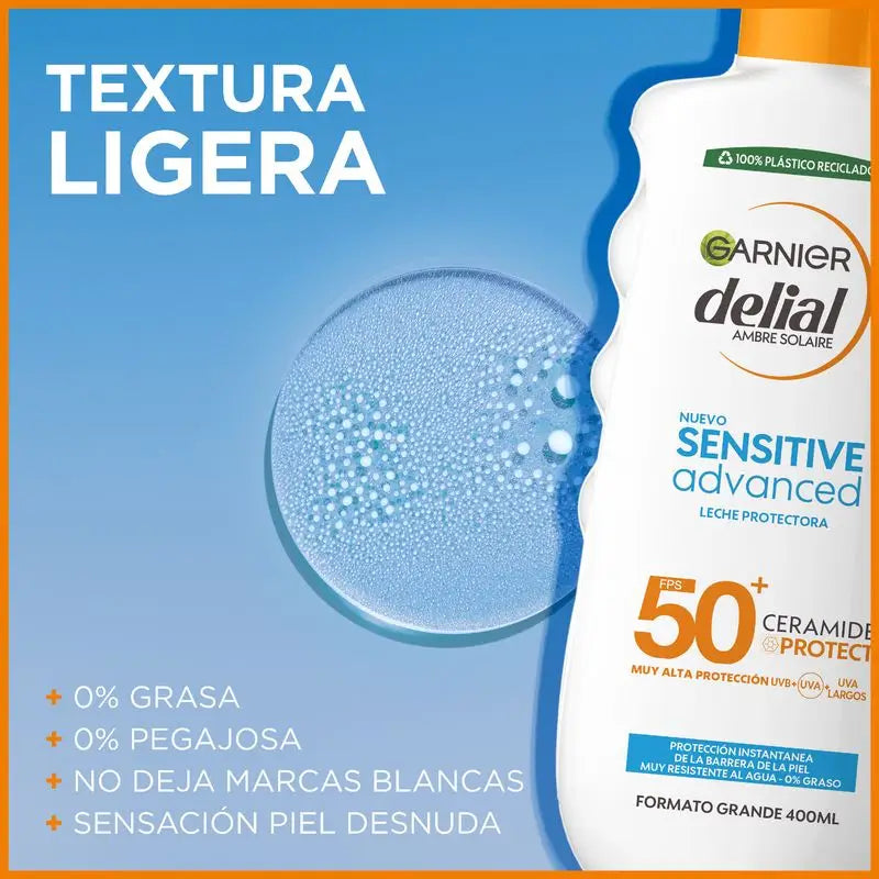 Garnier Delial Sensitive Latte solare avanzato per pelli chiare, sensibili e intolleranti al sole Ip50+, 400ml