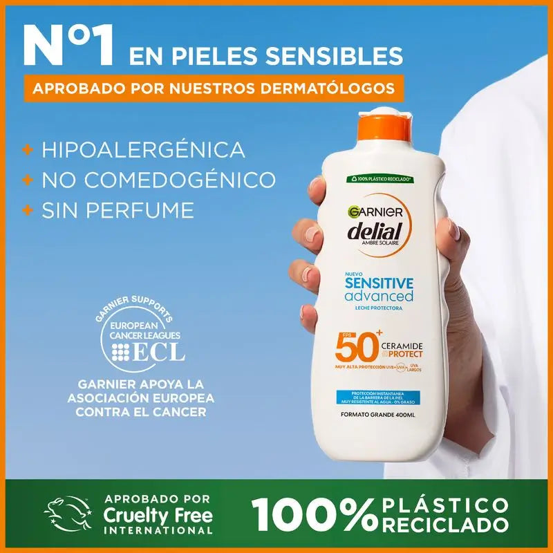 Garnier Delial Sensitive Latte solare avanzato per pelli chiare, sensibili e intolleranti al sole Ip50+, 400ml