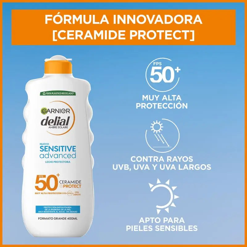 Garnier Delial Sensitive Latte solare avanzato per pelli chiare, sensibili e intolleranti al sole Ip50+, 400ml