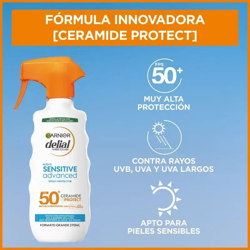 Garnier Delial Delial Sensitive Advanced Ip50+ Spray di protezione solare per pelli chiare, sensibili e intolleranti al sole, 270ml