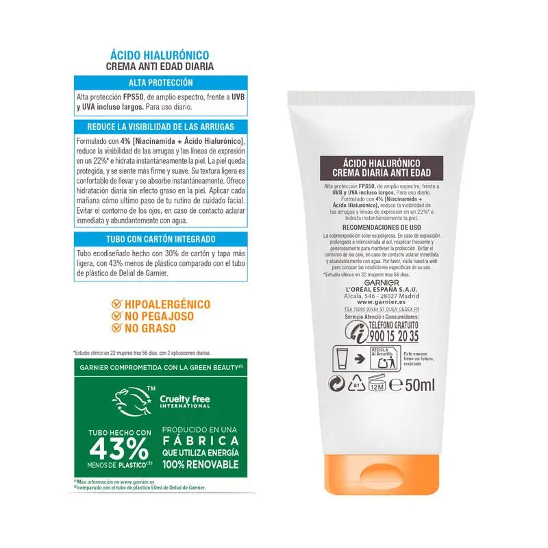 Garnier Delial Super Uv Fps50+ Crema quotidiana antietà con acido ialuronico - 50ml