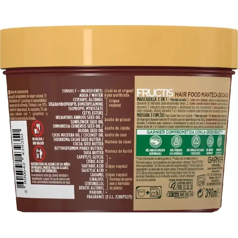 Garnier Fructis Hair Food Burro di cacao 3 in 1 Maschera riparatrice per capelli ricci e secchi 400 Ml