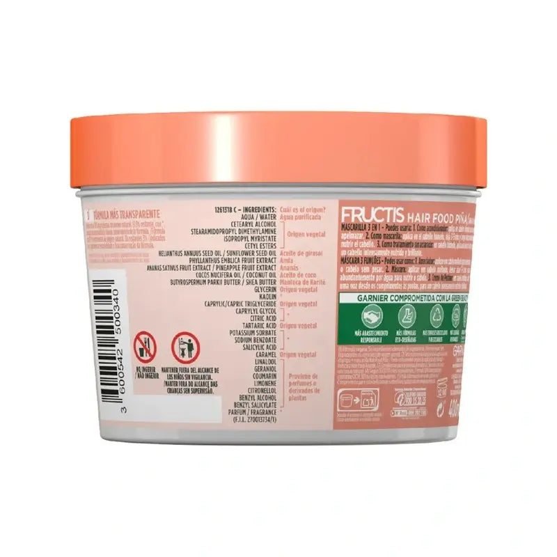 GarnierFructis Hair Food Ananas 3 In 1 Maschera Anti-Rottura 400 Ml Per capelli lunghi e fragili