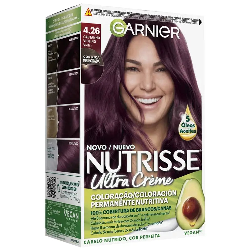 Garnier Nutrisse Copertura Capelli Grigi Con Maschera Nutriente Tonalità 4.26 Marrone Violino , 160 ml