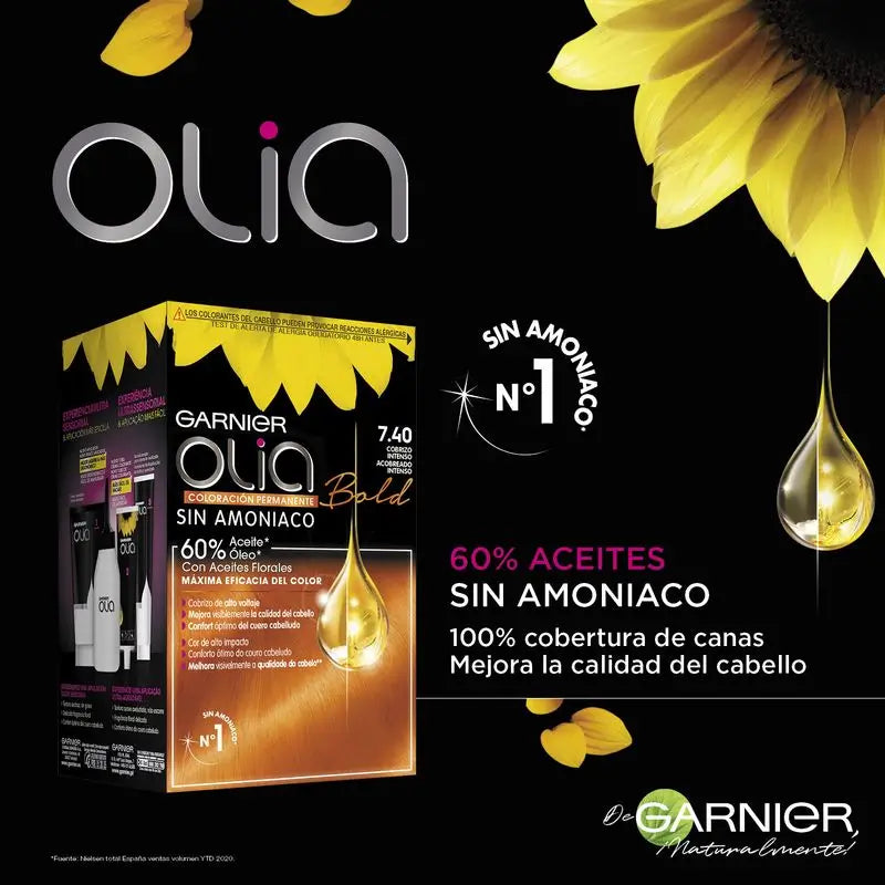 Garnier Olia Colorazione Permanente Senza Ammoniaca, Profumo Piacevole Con Oli Floreali Naturali - Rame Intenso Audace 7,40