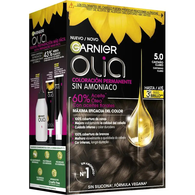 Garnier Olia Colorazione Permanente Senza Ammoniaca, Profumo Piacevole Con Oli Floreali Naturali - Marrone Chiaro 5.0