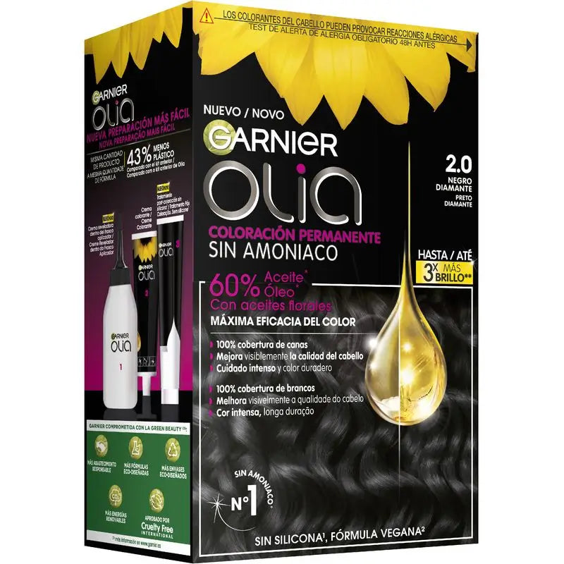 Garnier Olia Colorazione Permanente Senza Ammoniaca, Profumo Piacevole Con Oli Floreali Naturali - Nero Diamante 2.0