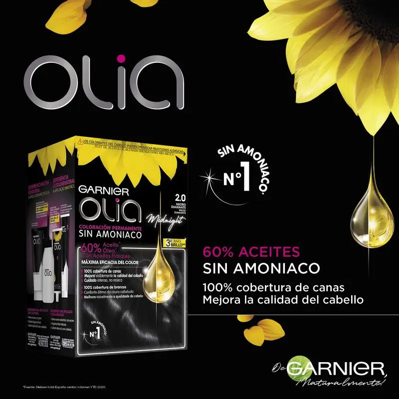 Garnier Olia Colorazione Permanente Senza Ammoniaca, Profumo Piacevole Con Oli Floreali Naturali - Nero Diamante 2.0