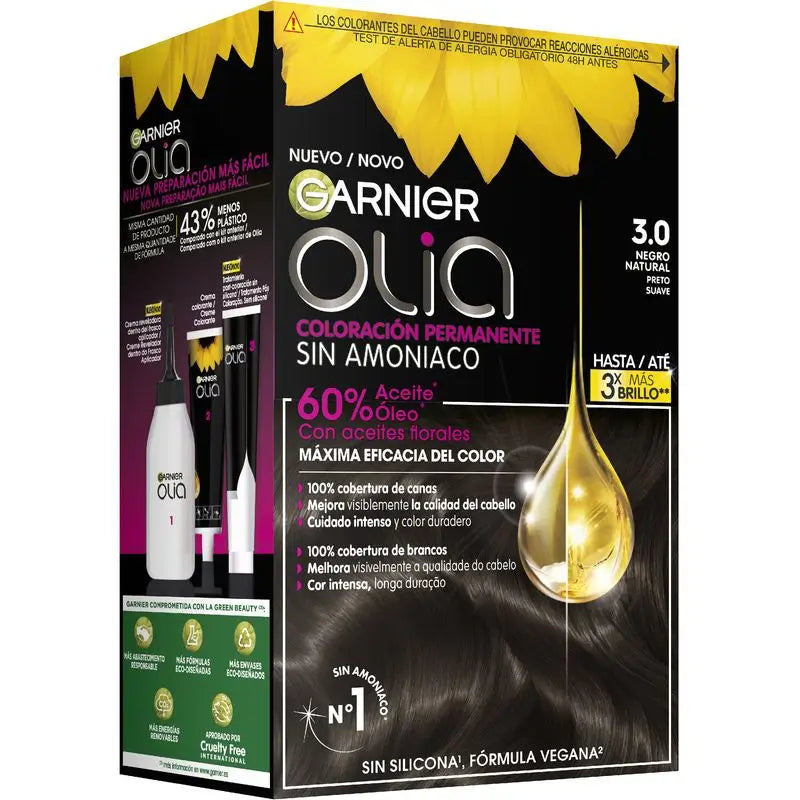Garnier Olia Colorazione Permanente Senza Ammoniaca, Profumo Piacevole Con Oli Floreali Origine Naturale - Nero Naturale 3.0