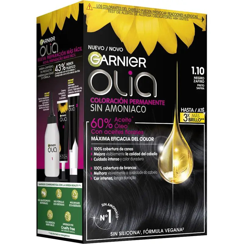 Garnier Olia Colorazione Permanente Senza Ammoniaca, Profumo Piacevole Con Oli Floreali Naturali - Nero Zaffiro 1.1