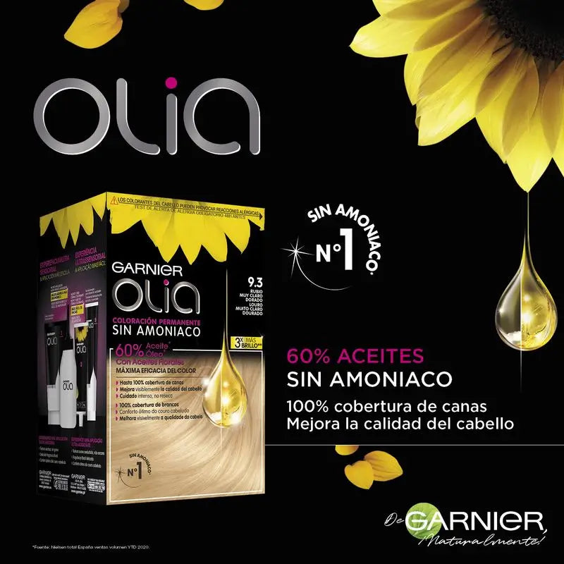 Garnier Olia Colorazione Permanente Senza Ammoniaca, Profumo Piacevole Con Oli Floreali Origine Naturale - Biondo Dorato Molto Chiaro 9.3