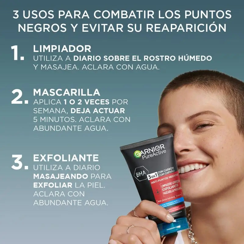Garnier Attivo Puro 3 In 1 Gel al Carbone Anti-Macchie Nere - 150 Ml