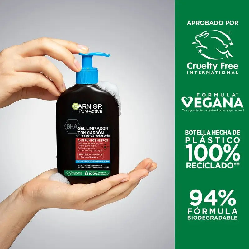 Garnier Pure Active Gel detergente anti punti neri con carbone e acido salicilico Purifica i pori e riduce i punti neri