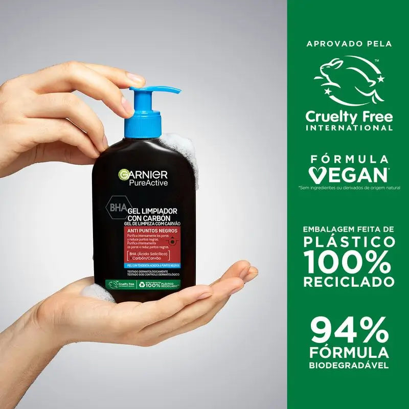 Garnier Pure Active Gel detergente anti punti neri con carbone e acido salicilico Purifica i pori e riduce i punti neri