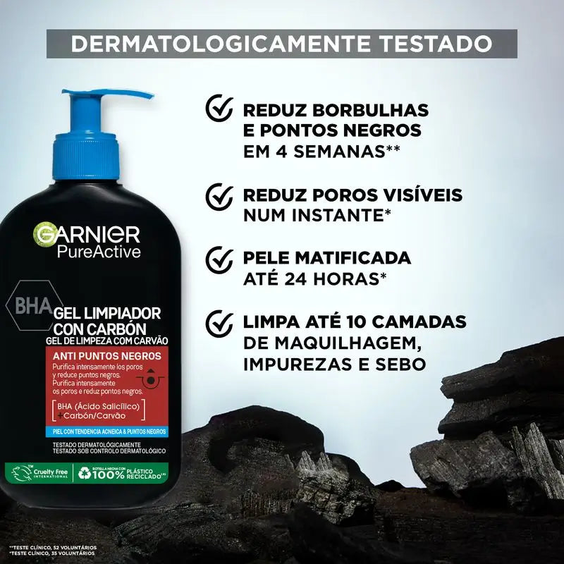 Garnier Pure Active Gel detergente anti punti neri con carbone e acido salicilico Purifica i pori e riduce i punti neri