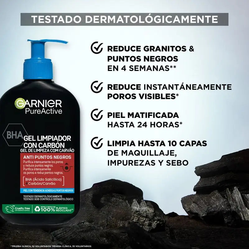 Garnier Pure Active Gel detergente anti punti neri con carbone e acido salicilico Purifica i pori e riduce i punti neri