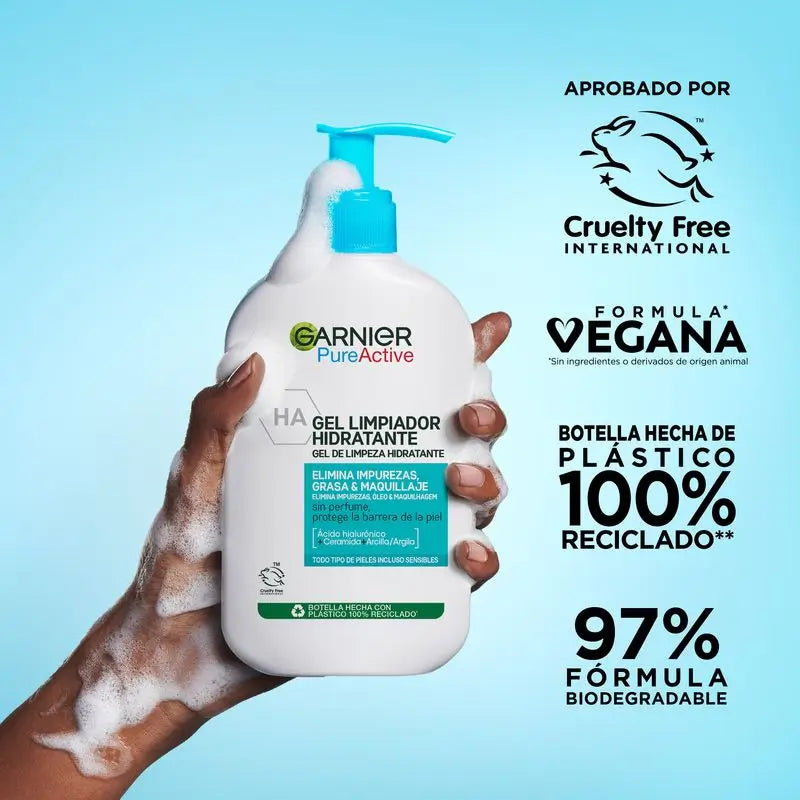 Garnier Pure Active Gel Detergente Idratante con Acido Ialuronico, Ceramide e Argilla Rimuove Impurità, Grasso e Trucco