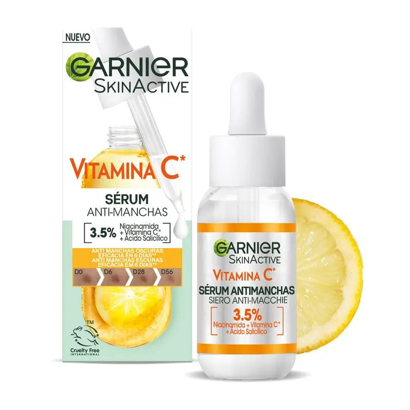 Garnier Siero Anti-Macchie con Vitamina C, Niacinamide e Acido Salicilico. Riduce il 43% delle macchie scure.