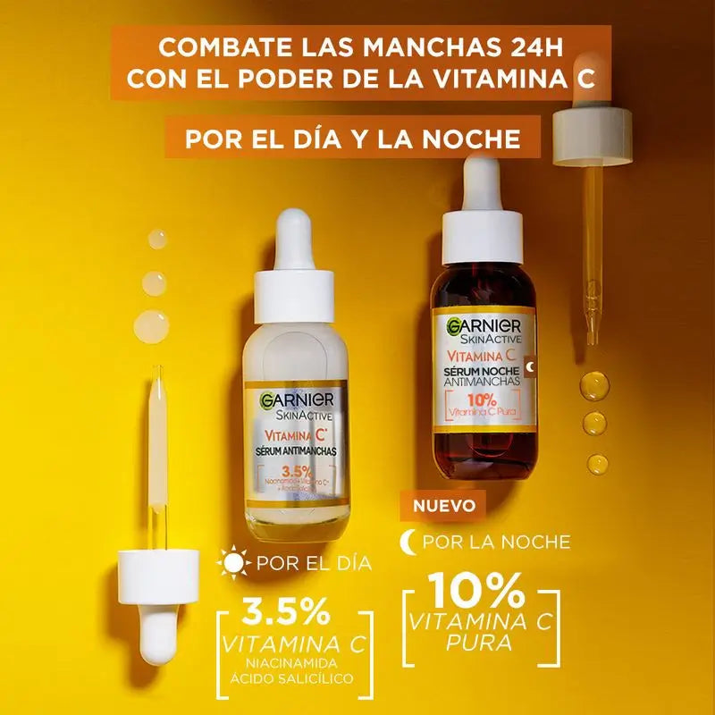 Siero notte anti-macchie Garnier con il 10% di Vitamina C. Risultati su macchie, pelle spenta e linee sottili.