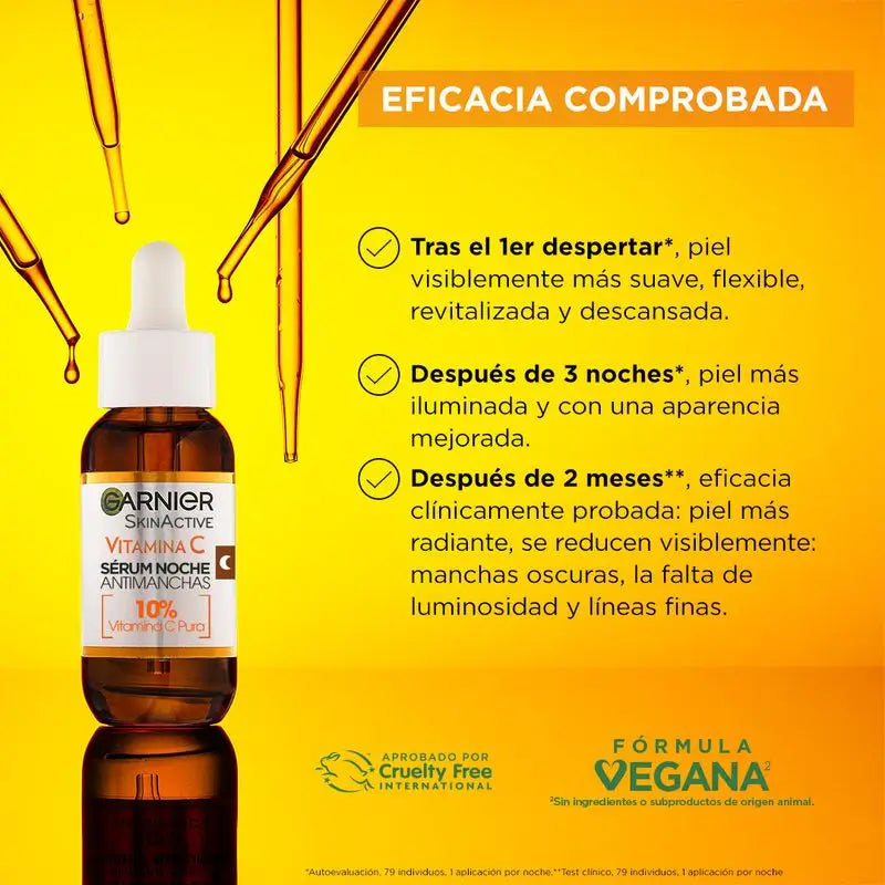 Siero notte anti-macchie Garnier con il 10% di Vitamina C. Risultati su macchie, pelle spenta e linee sottili.