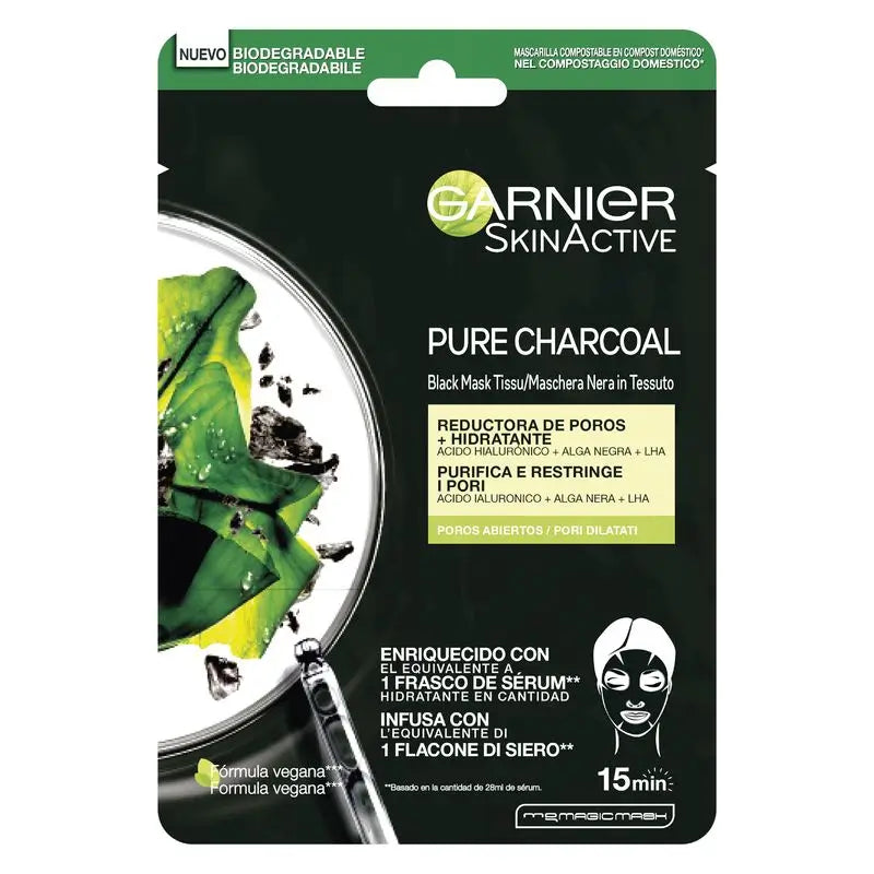 Garnier Skin Active Black Tissue Mask con estratto di alghe nere e acido ialuronico per pelli con pori dilatati
