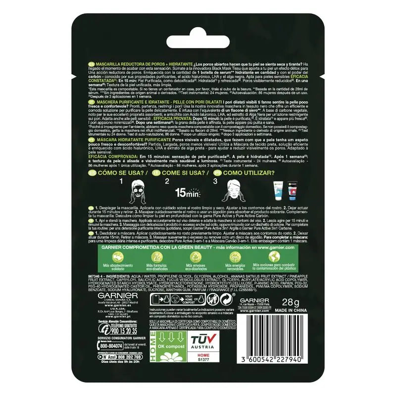 Garnier Skin Active Black Tissue Mask con estratto di alghe nere e acido ialuronico per pelli con pori dilatati