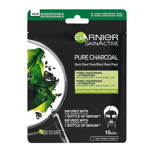 Garnier Skin Active Black Tissue Mask con estratto di alghe nere e acido ialuronico per pelli con pori dilatati