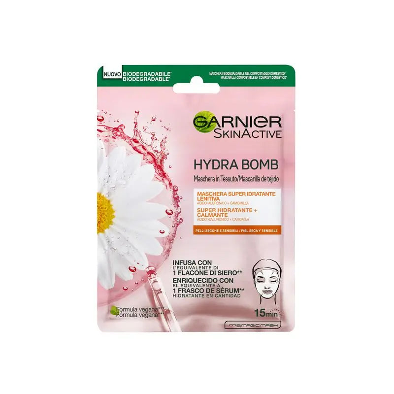 Garnier Skin Active Mask Tissu Hydra Bomb Maschera in tessuto idratante lenitiva con acido ialuronico e camomilla