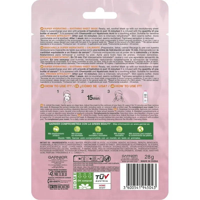 Garnier Skin Active Mask Tissu Hydra Bomb Maschera in tessuto idratante lenitiva con acido ialuronico e camomilla